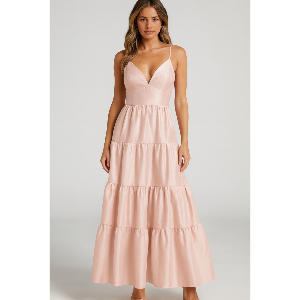 NWT HUTCH Blush Pink‎ Tiered Maxi Dress Taffeta Sheen Spaghetti Strap Gown Small